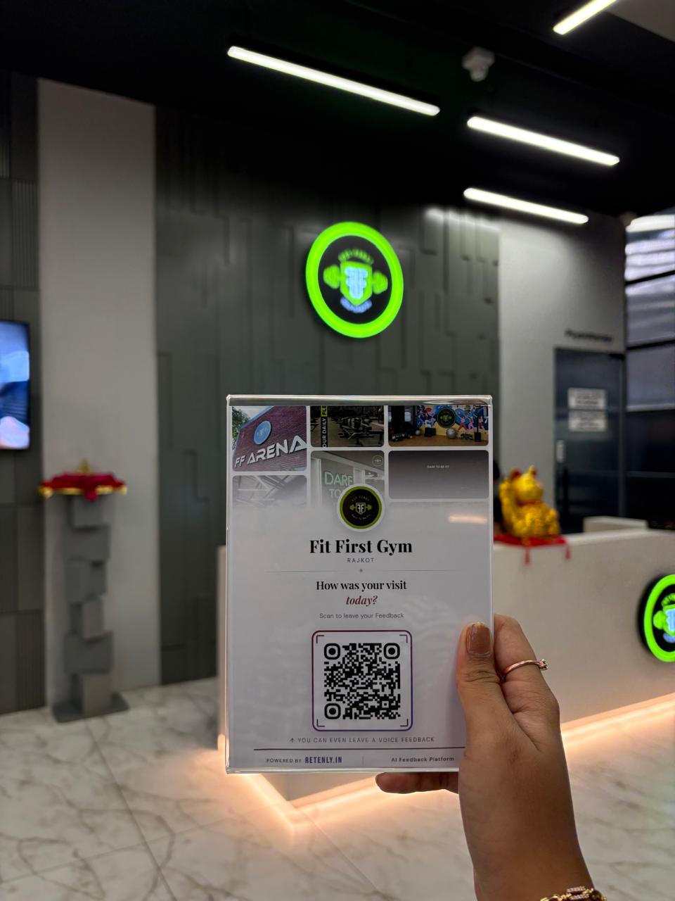A Retenly feedback standee at Fit First Gym