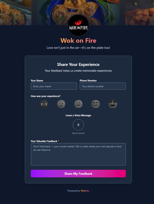 The Retenly feedback form for Wok on Fire, with emoji rating and voice recording